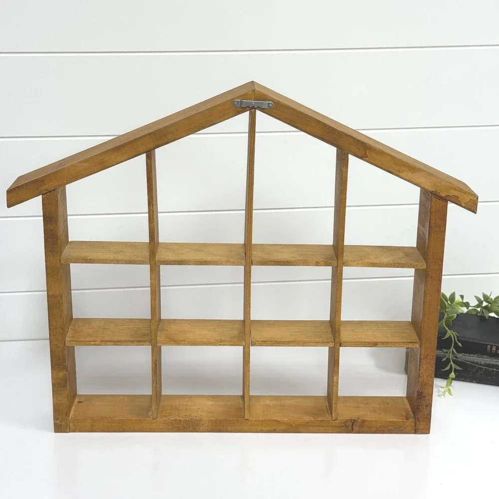 Vintage Rustic Wooden House Shadow Box Wall Display trinket Shelf 12 Cubby